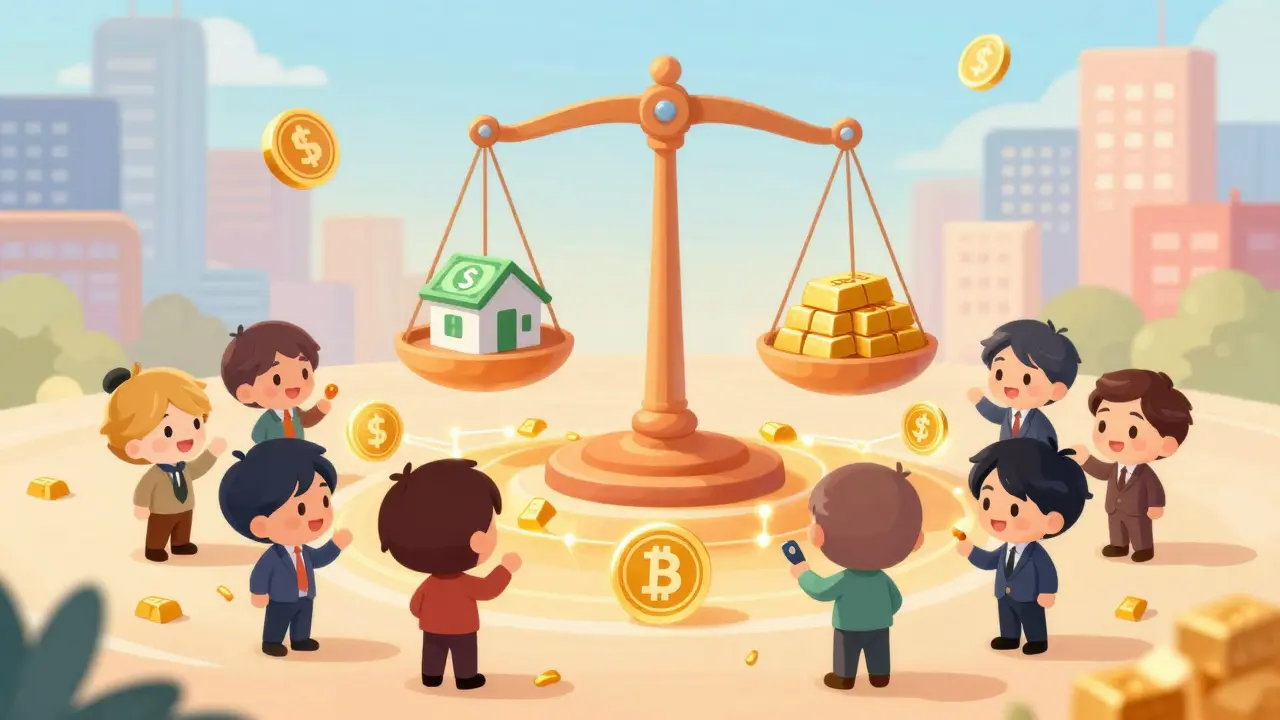 Chibi characters accessing tokenized real-world assets through a stable blockchain network