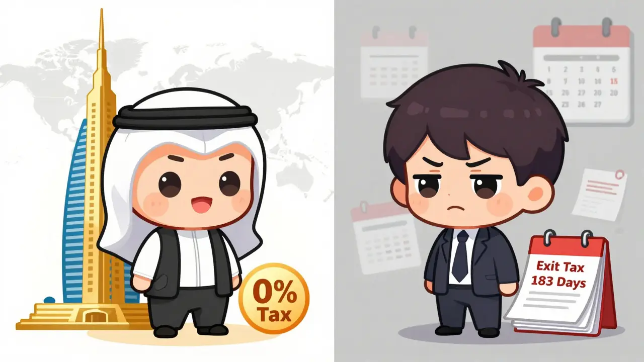 Chibi characters comparing easy Dubai tax vs complex exit taxes
