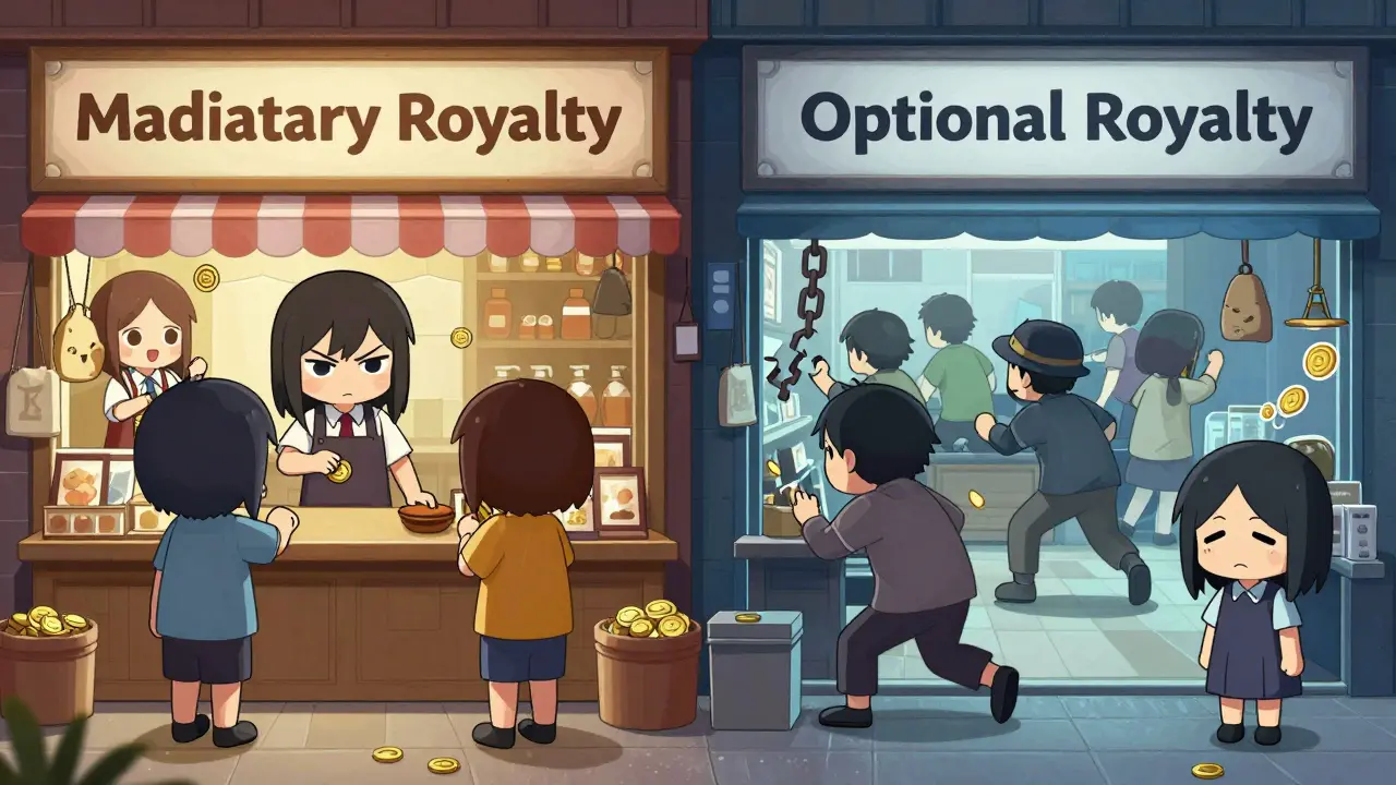 Chibi characters comparing mandatory vs optional royalty shops