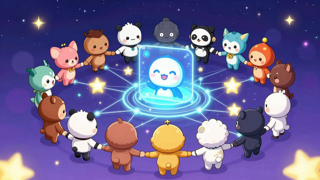 Chibi characters forming a unified, glowing cross-chain network bridge.