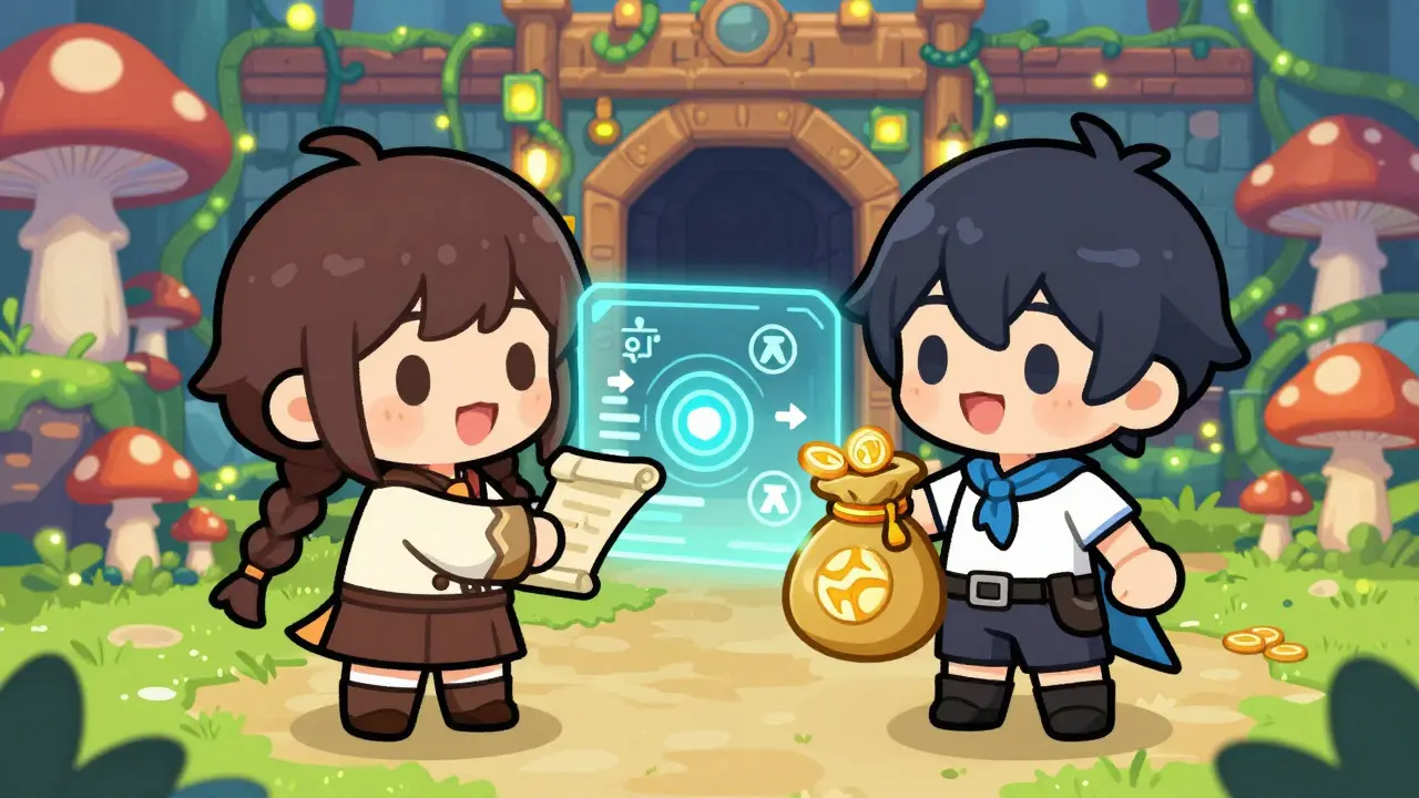 Chibi characters trading tokens in a fantasy game marketplace