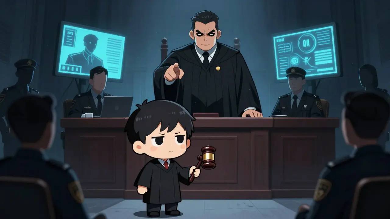 Chibi courtroom scene showing strict crypto penalty enforcement