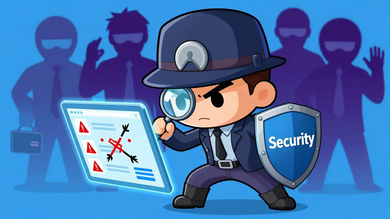 Chibi detective blocking scammers from stealing a crypto wallet