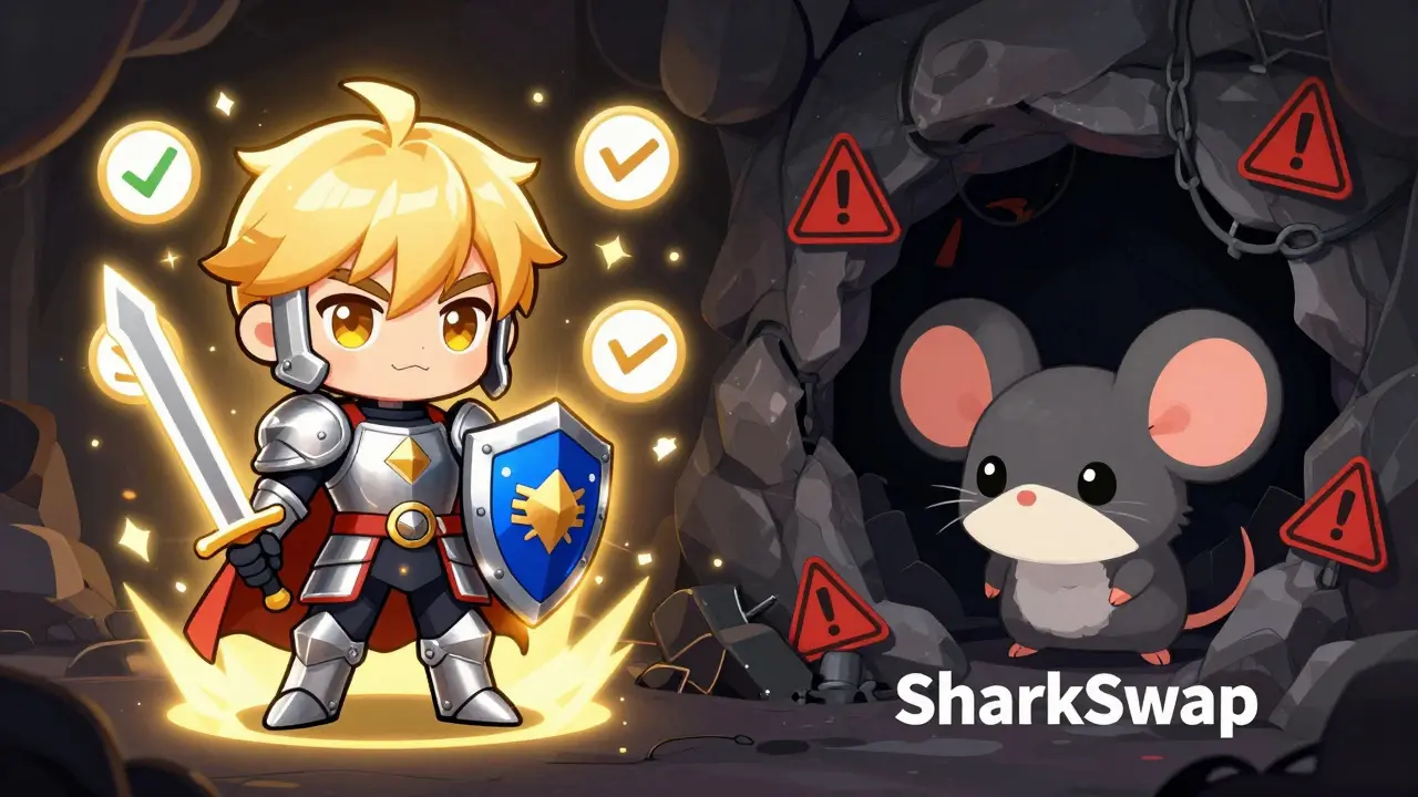 Chibi hero knight vs. scared mouse comparing safe and risky crypto exchanges visually.