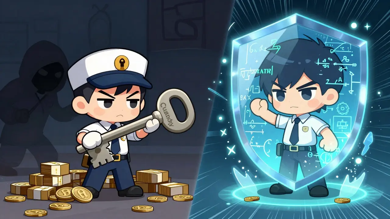 Chibi illustration comparing risky custodial bridges with secure cryptographic shields.