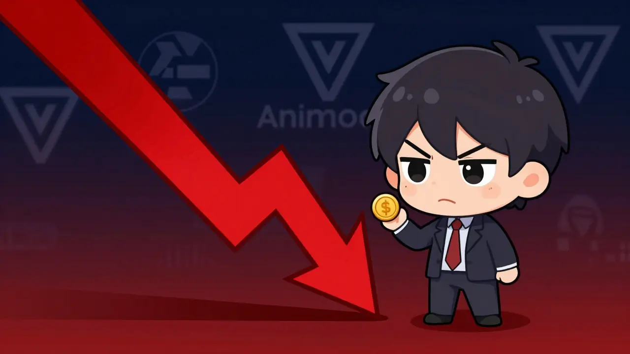 Chibi investor looking at a crashing price chart with VC shadows