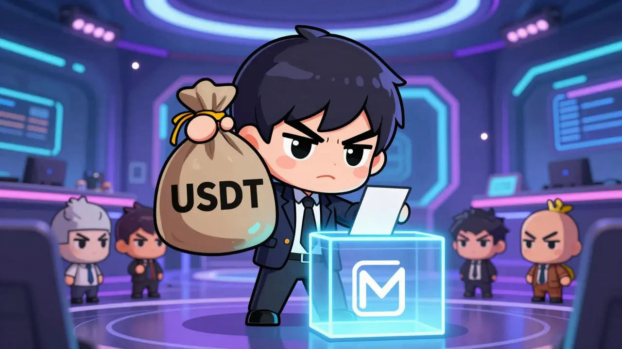 Chibi investor voting with USDT in a futuristic exchange hall setting.