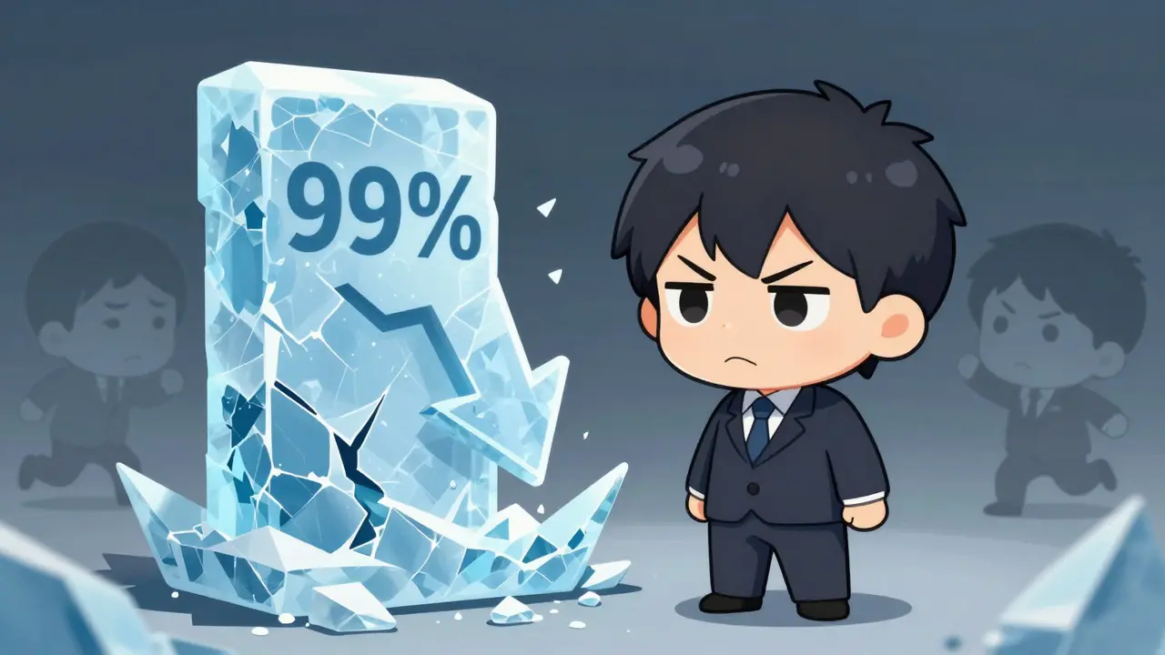 Chibi investor watching a giant ice chart crash down