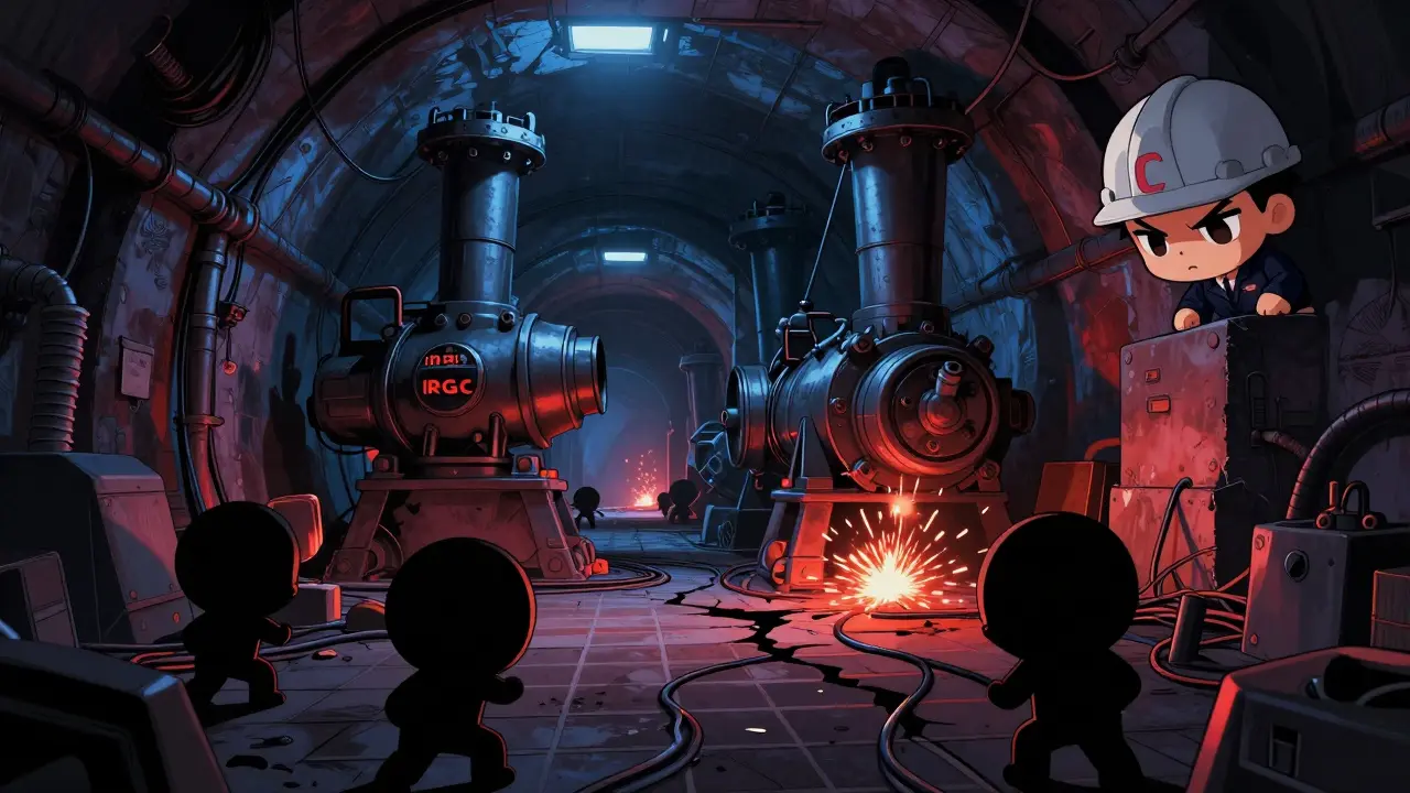 Chibi manga art of secret illegal mining rigs in an underground tunnel causing grid stress