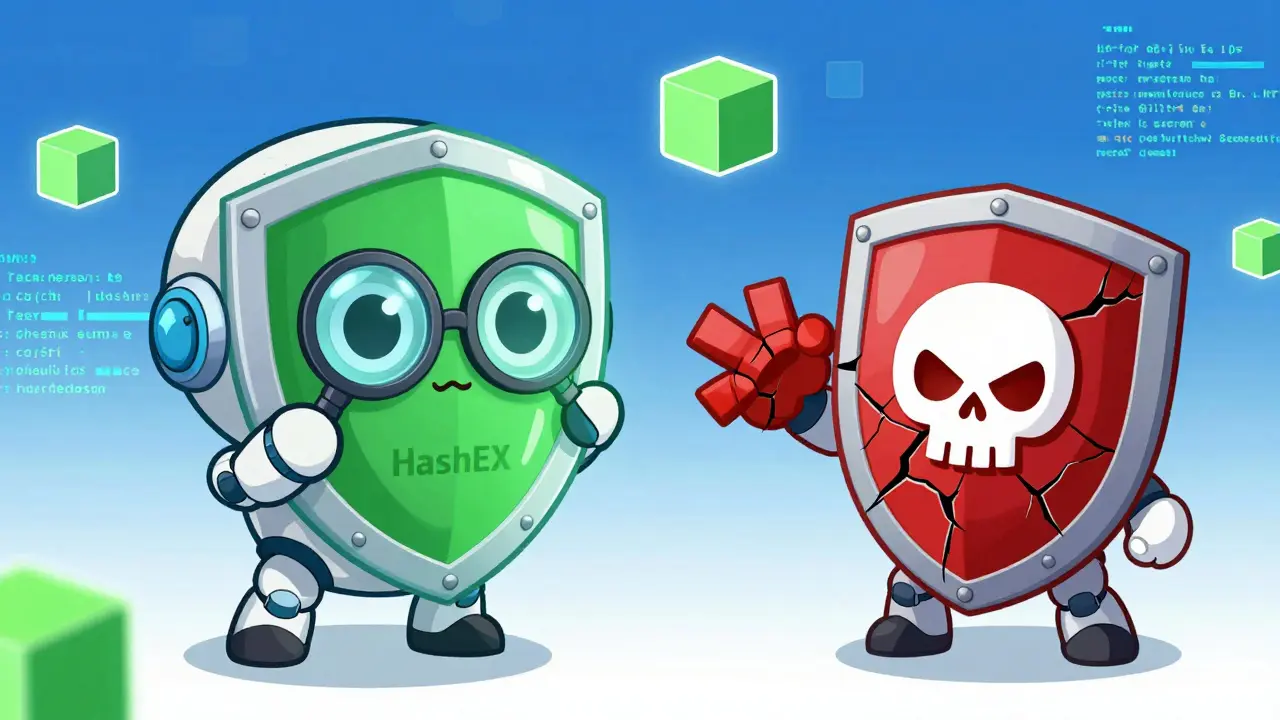 Chibi robot auditor verifying safe blockchain shields against scam contracts