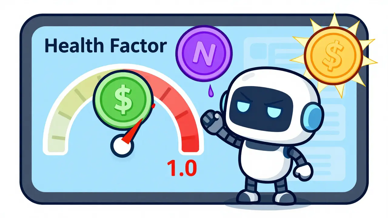 Chibi robot monitoring health factor gauge with volatile assets