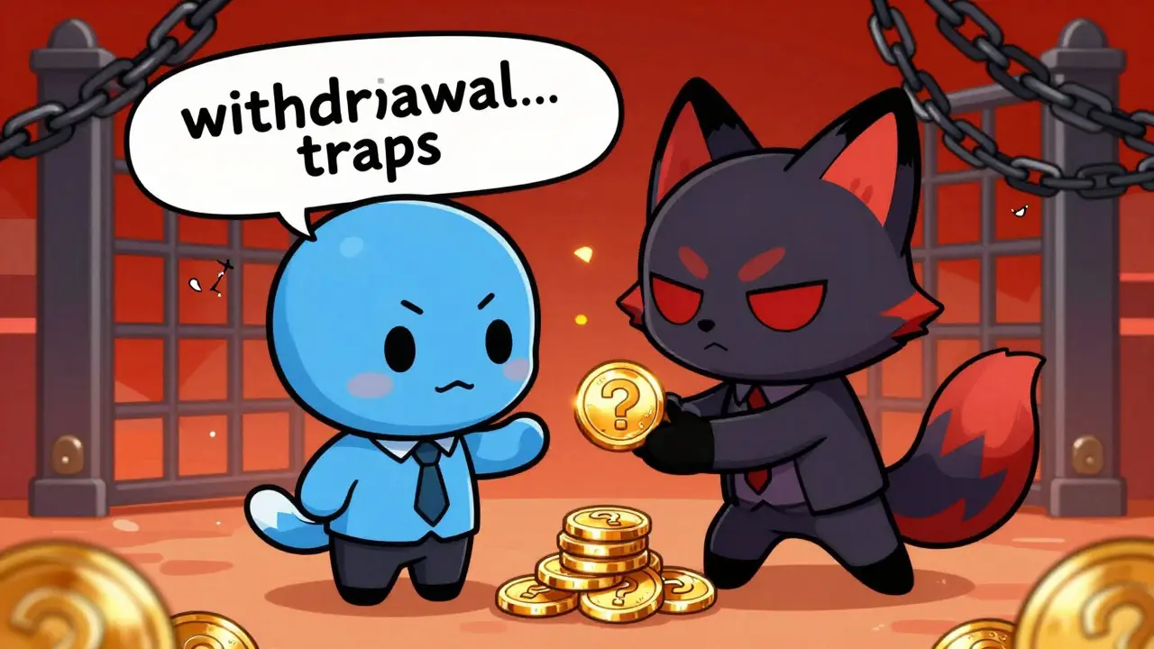 Chibi scammer tricking an investor with fake crypto coins