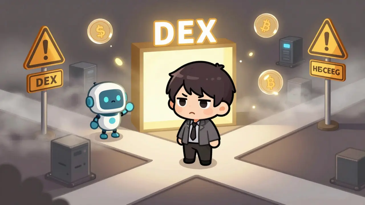 Chibi user navigating a confusing decentralized crypto exchange
