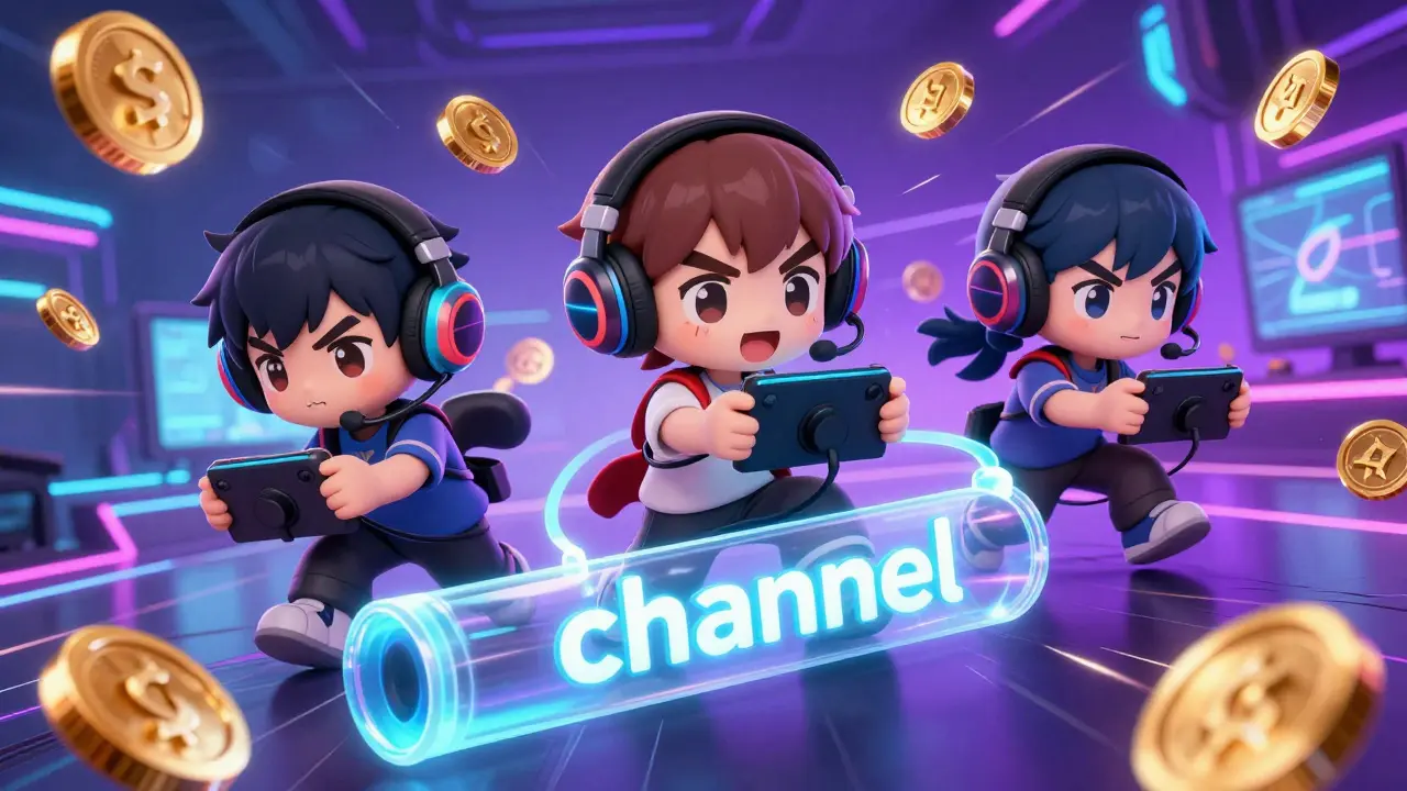 Cute chibi gamers connected by a glowing tube showing fast state channel gameplay