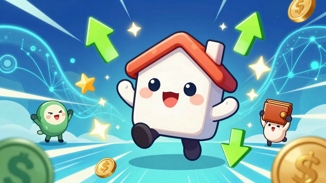 Cute chibi house mascot celebrating crypto launch with friends