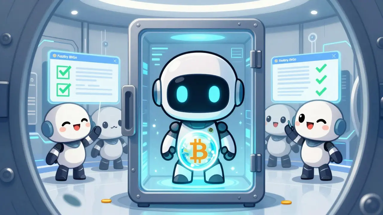 Cute chibi robot guarding digital assets in a secure, high-tech vault environment