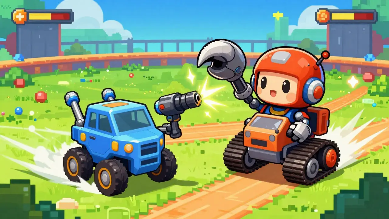 Cute chibi robots battling in pixel art arena
