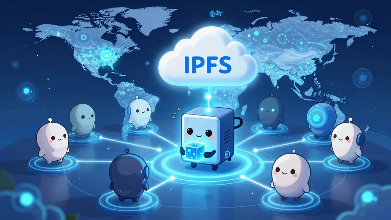 Cute chibi server node connecting global users in a decentralized storage network.