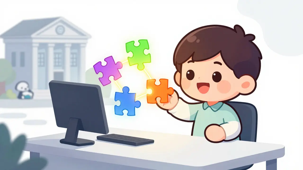 Cute developer connecting API puzzle pieces for fast fintech integration
