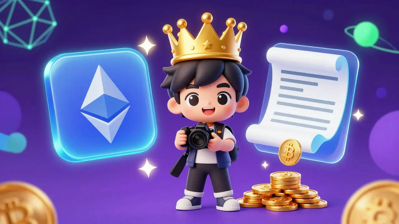 Happy chibi creator receiving automatic royalties via smart contracts.