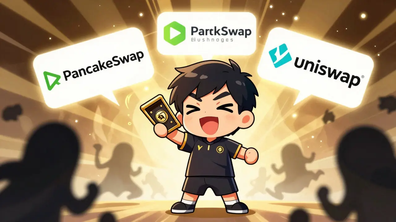 Happy chibi trader securing assets with hardware wallet and reputable DEXs