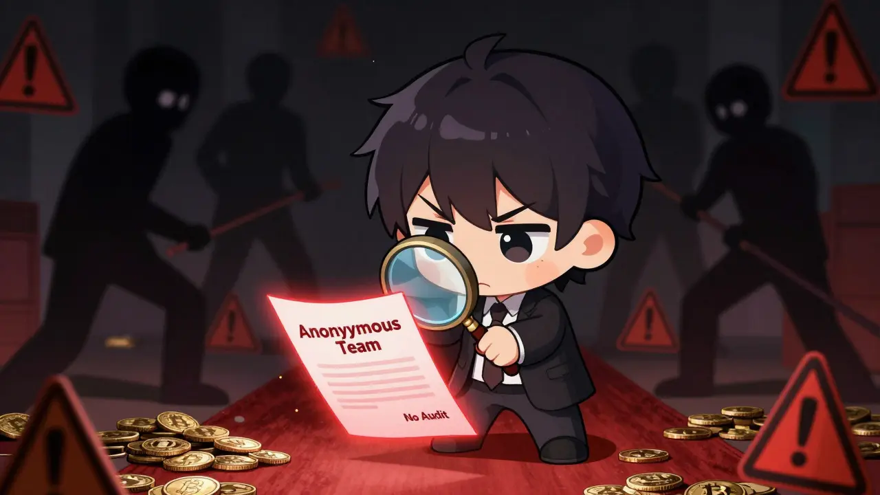 Chibi anime character inspecting risky anonymous crypto contract