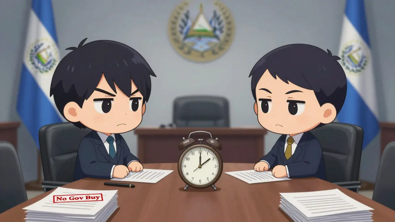 Chibi anime figures negotiating IMF deal with documents in a formal office setting.