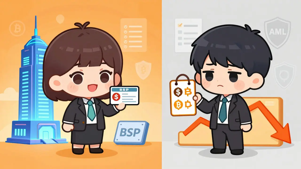 Chibi anime split scene showing crypto business licenses versus declining local usage.