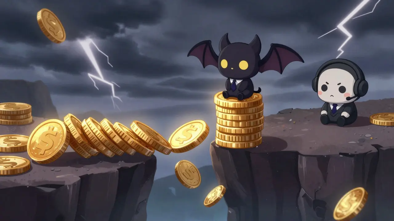 Chibi bat on teetering coins near a risky cliff edge