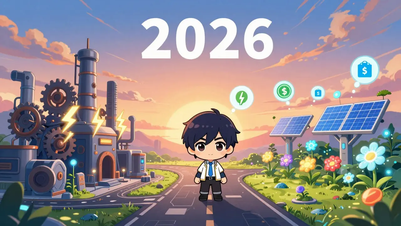 Chibi character choosing between mining factory and eco-staking path
