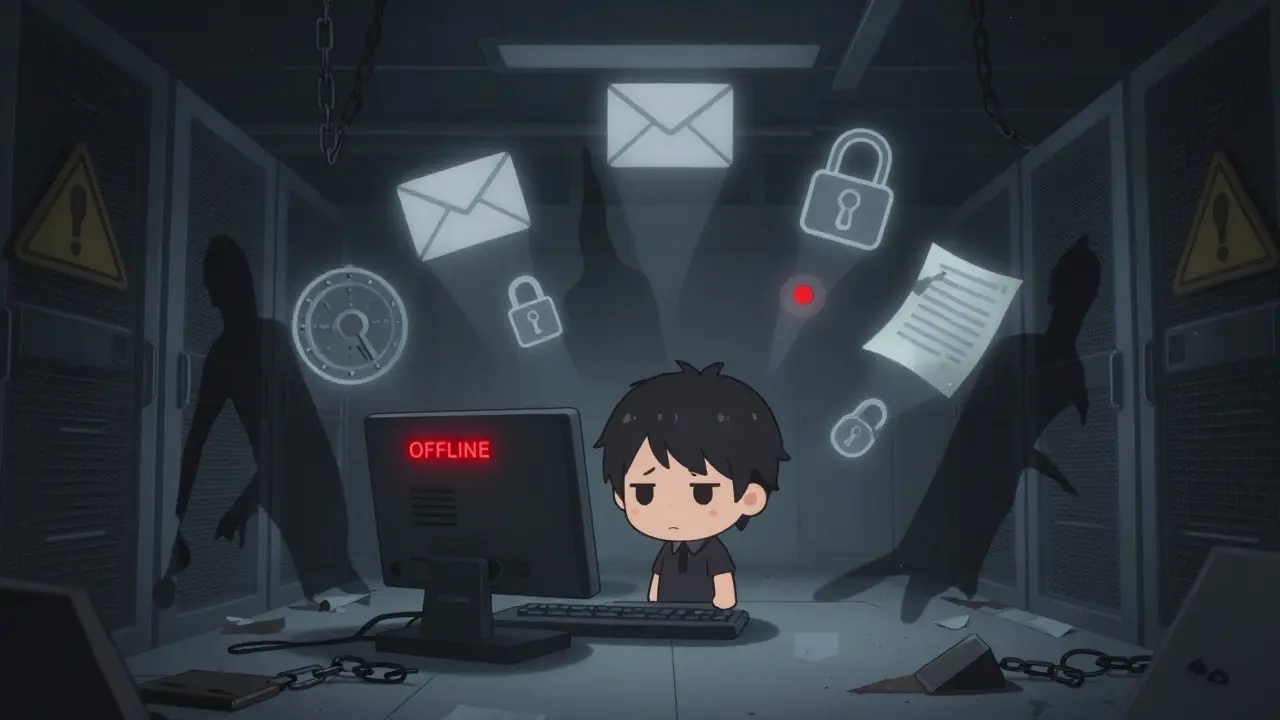 Chibi character facing a dark, offline server representing EurekaX's abandonment and risks.