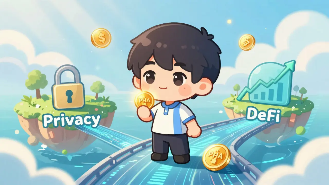 Chibi character holding PHA tokens on a bridge between privacy and finance