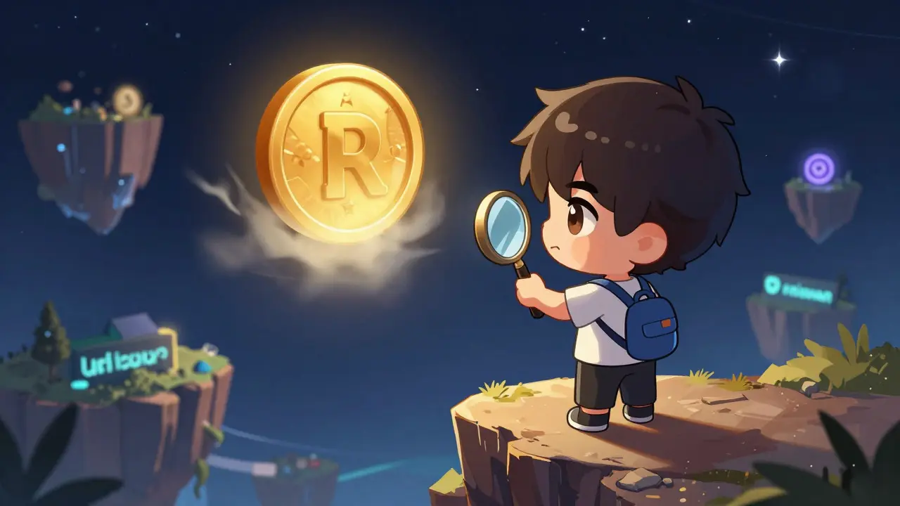 Chibi character looking out at a digital landscape with a distant golden token.