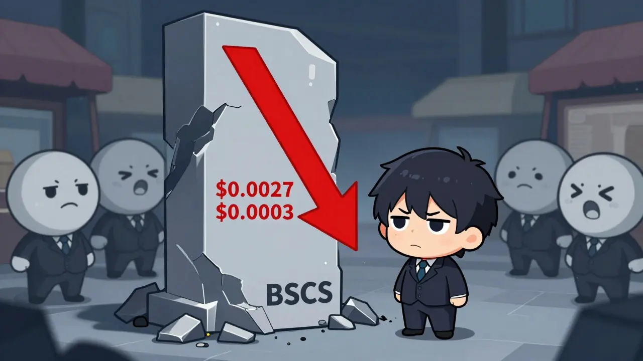 Chibi character looking sad next to a crumbling pillar, illustrating BSCS price drop and low volume.