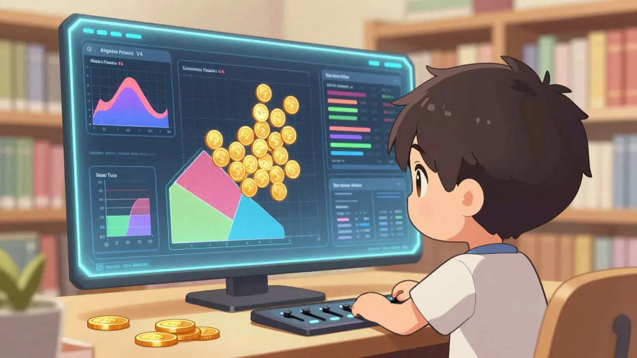 Chibi character managing concentrated liquidity pools on screens