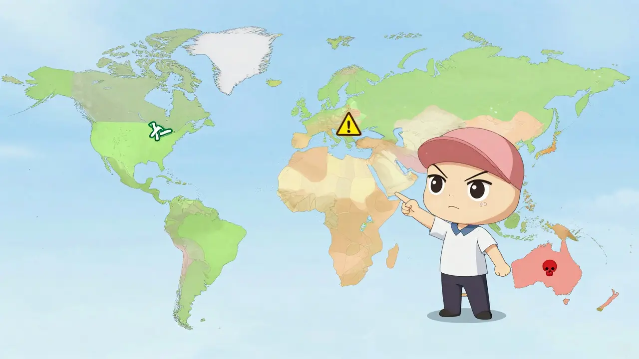 Chibi character pointing at a color-coded world map of restrictions