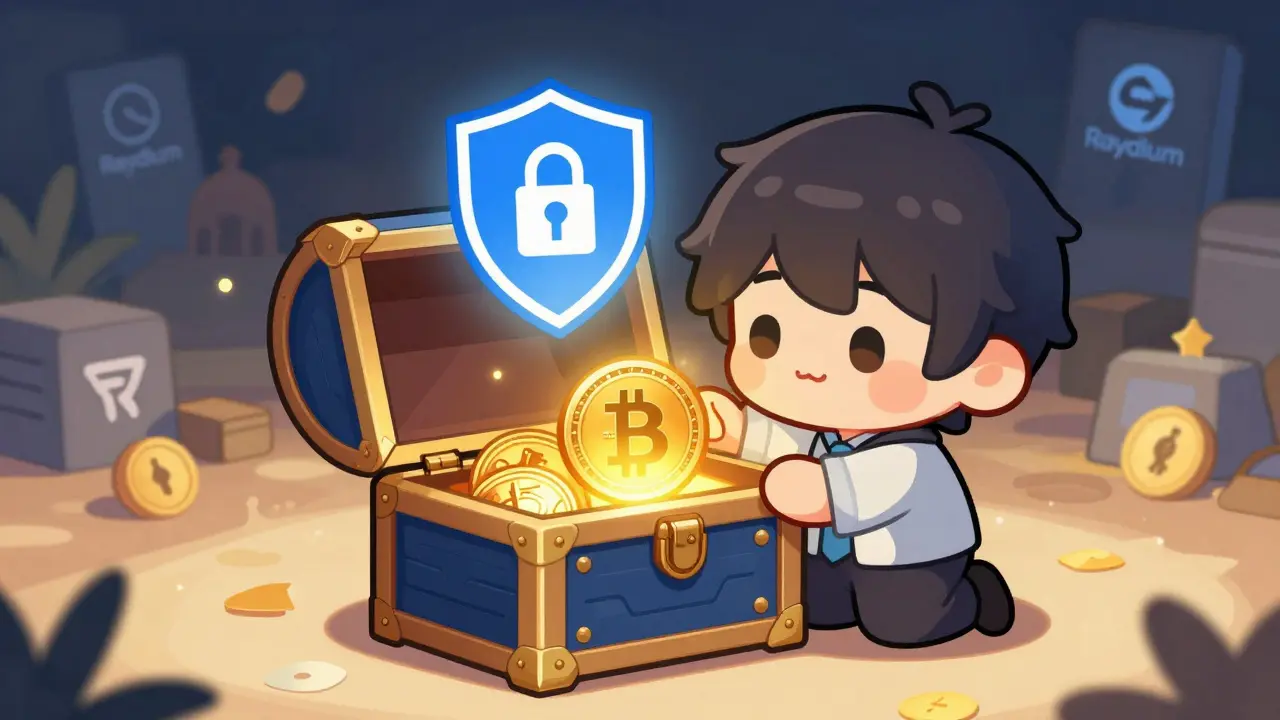 Chibi character securing a crypto token in a safe hardware wallet treasure chest