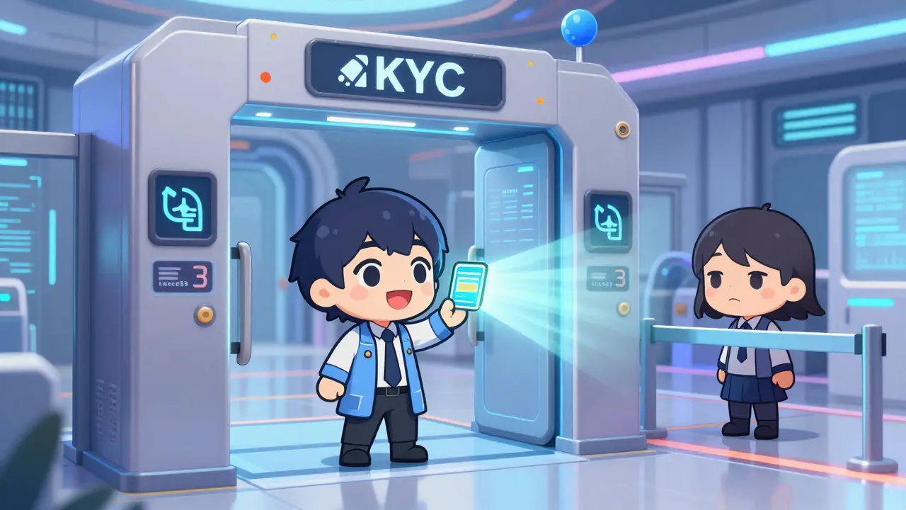 Chibi character undergoing futuristic KYC security scan