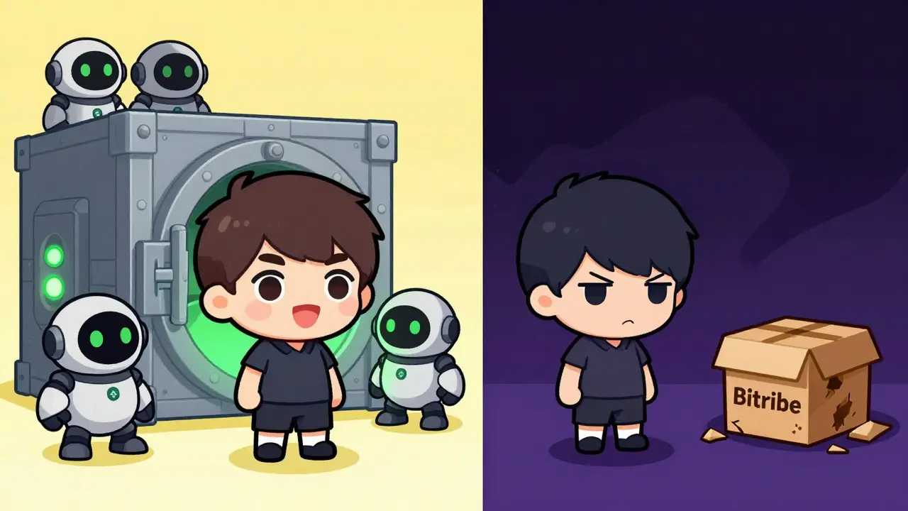 Chibi characters comparing safe vault vs risky unknown box