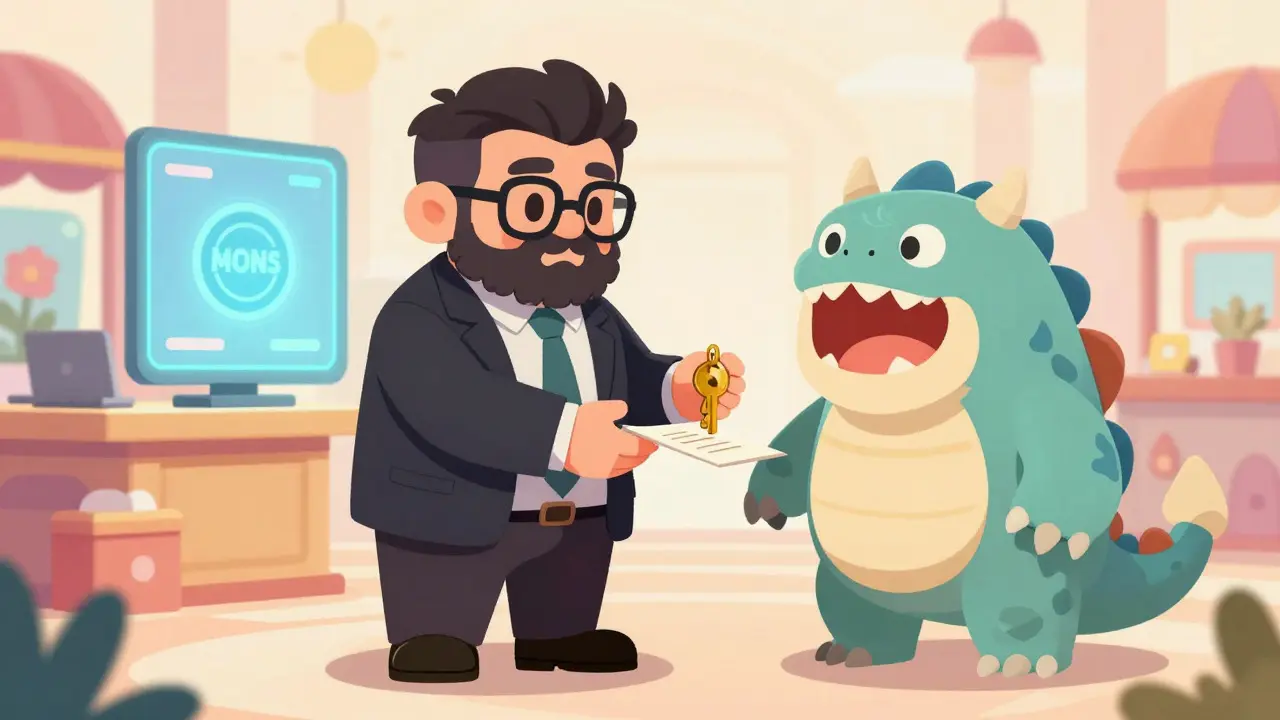 Chibi characters exchanging rented monster NFT