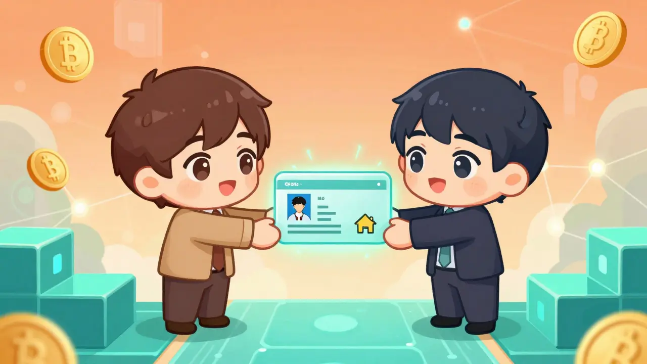 Chibi characters exchanging secure data packets over a digital bridge