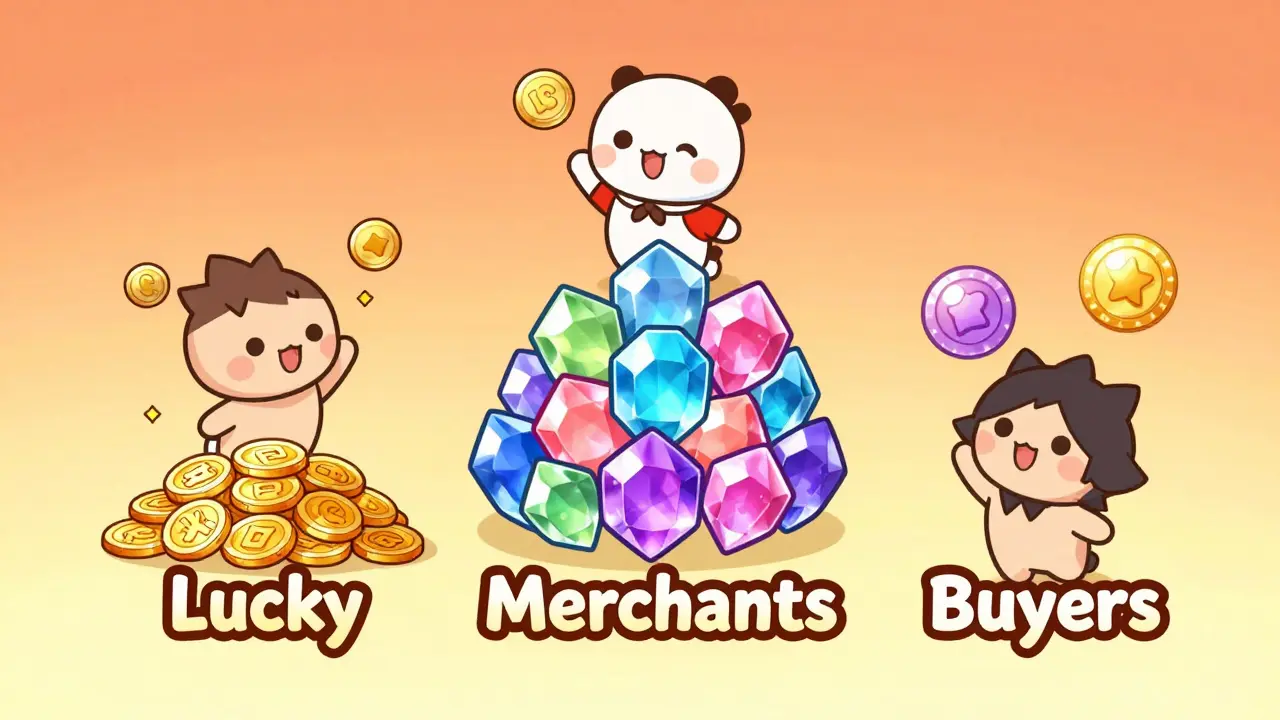 Chibi characters reaching for tiered reward piles in anime style