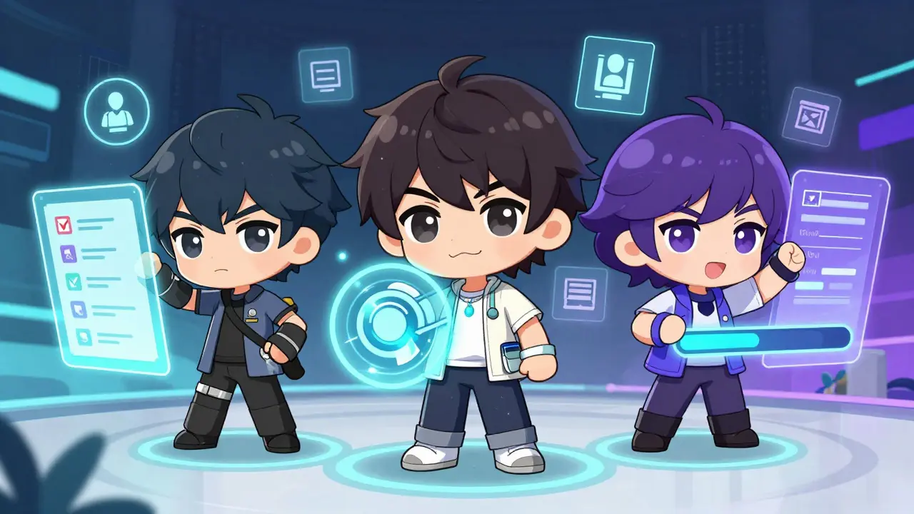 Chibi characters using holographic UI for voting, shopping, and gaming