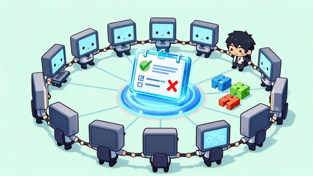 Chibi computers forming a circle around a glowing blockchain ledger verifying transactions