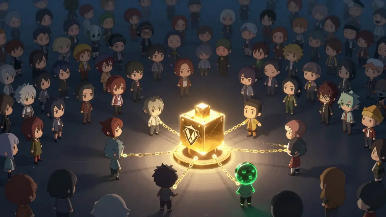 Chibi crowd with few connecting to blockchain, showing adoption gap