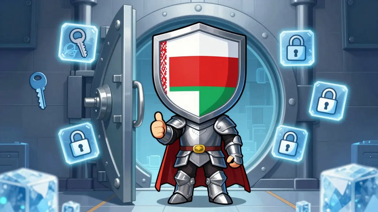 Chibi digital knight guarding secure crypto vault