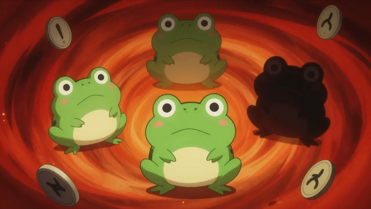 Chibi frog looking confused at multiple distorted frog copies symbolizing fake tokens