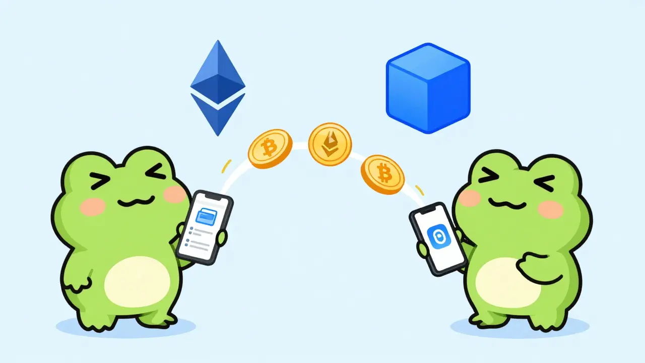 Chibi frog using phone to bridge ETH to Base network for crypto trading