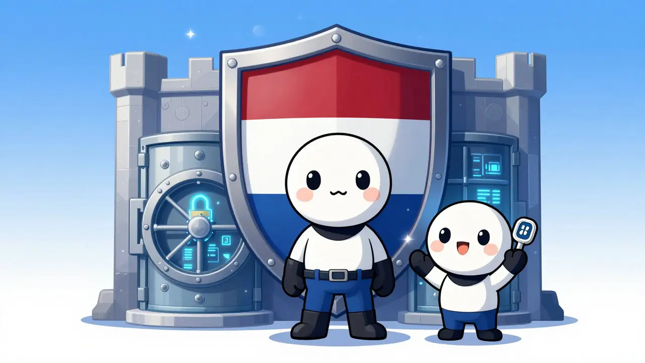 Chibi hero standing by a security shield with digital locks and tokens.