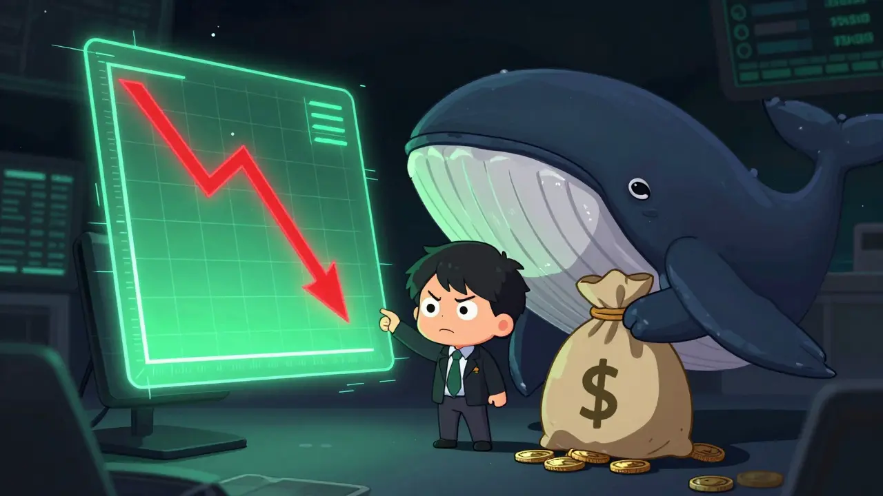 Chibi investor looking at a crashing chart while a giant whale holds a bag of coins